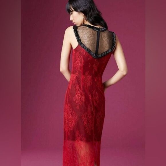 Diane Von Furstenberg Lipstick Red Beaded Chantilly Lace Overlay Flapper Dress - Picture 1 of 11
